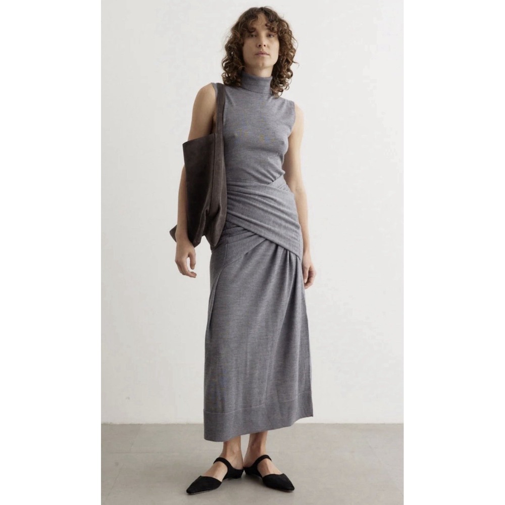 Toteme Turtle Neck Draped Grey Wool-Silk Knit Maxi Dress Sleeveless stretchy L - Picture 10 of 16